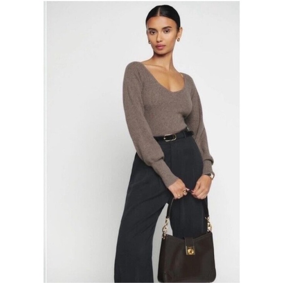Reformation Hart Cashmere Sweater Knit V Scoop Neck RIbbed in Cocoa Brown - Picture 11 of 12